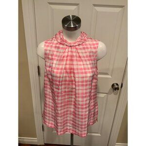 J.Crew Pink & White Plaid Sleeveless Tank Top Gathered Neckline, Size M
